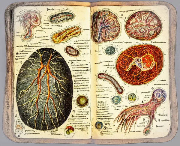 Drawings of microbes in antique book with annotations on an abstract language, illustration in old book sketch style.