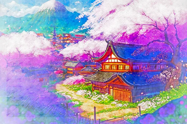 Japanese traditional landscape with Japanese house and sakura cherry tree in blossom, illustration in sketch style