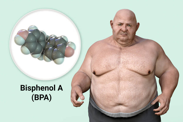 Association between plastic compounds and obesity, conceptual 3D illustration showing BPA molecule present in plastic bottles and gaining weight in a person as a result of metabolic disorders