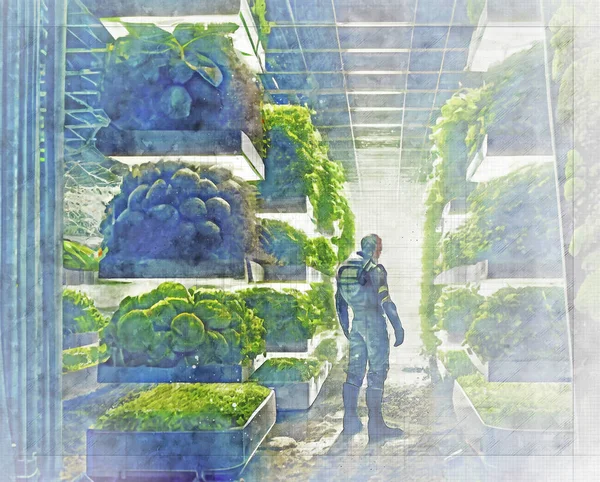 Futuristic agriculture, farming of the future, vertical farming, conceptual illustration in architecture sketch style.