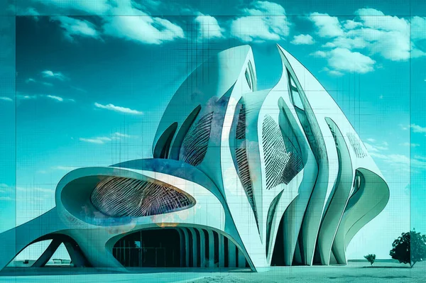 Futuristic architecture with sleek organic shapes, 3D illustration in sketch style