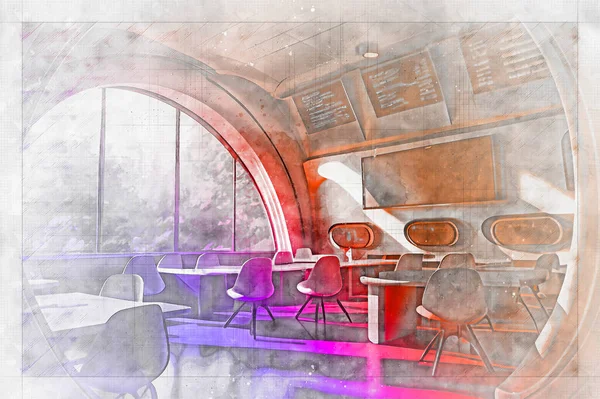 Futuristic school interior with modern furniture and equipment, illustration in architecture sketch style