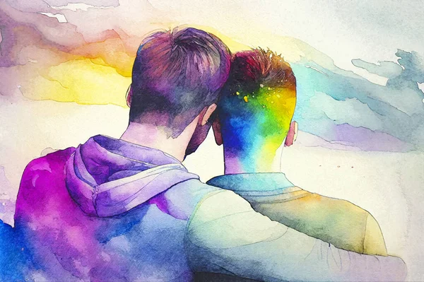 Two young men together, loving gay couple, digital illustration in sketch style