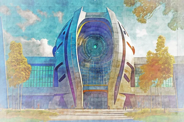 Futuristic school or futuristic university building of modern design, 3D illustration in architecture sketch style