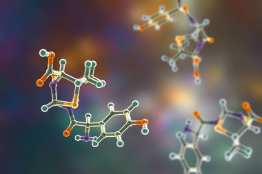 Molecular model of amoxicillin, an antibiotic used to treat a number of bacterial infections, including pneumonia, dental abscesses and urinary tract infections, 3D illustration