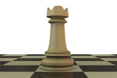 Chess rook on chess board isolated on white background, close-up view, 3D illustration