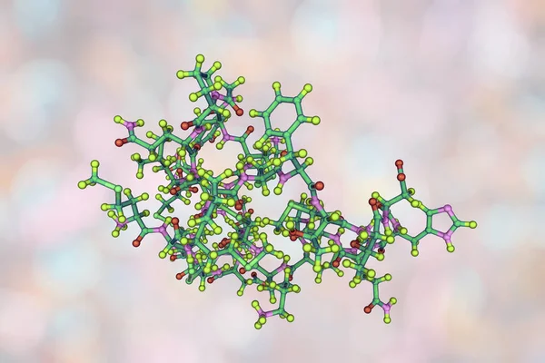 Molecule of scorpion chlorotoxin, 3D illustration. A peptide from venom of deathstalker scorpion Leiurus quinquestriatus, studied as a potential anticancer agent for treatment of brain cancer glioma