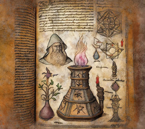 Open Page Magic Drawing Text Wizard Book Digital Illustration Vintage — Stock Photo, Image