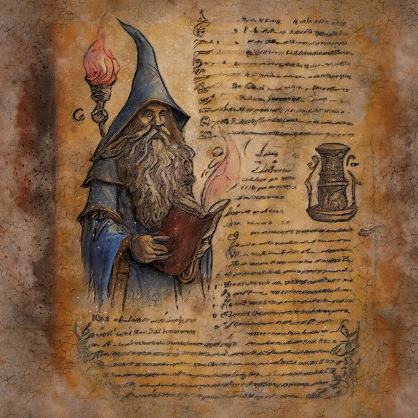 Open Page Magic Drawing Text Wizard Book Digital Illustration Vintage — ストック写真