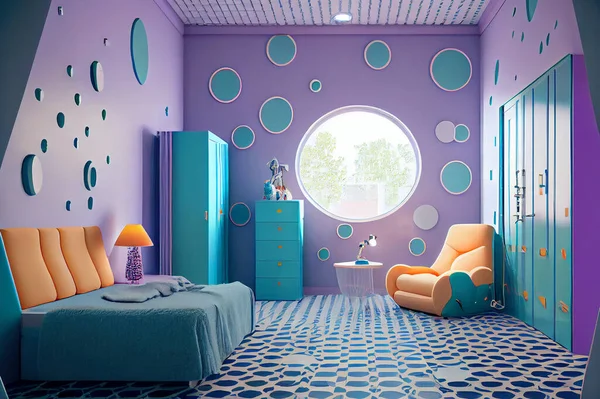 A vibrant, futuristic children's room with high-tech amenities and playful design elements, digital illustration