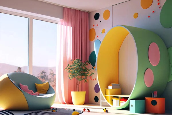 A vibrant, futuristic children's room with high-tech amenities and playful design elements, digital illustration