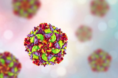 Poliovirüs, Picornaviridae familyasından çocuk felci hastalığına neden olan bir RNA virüsü, 3 boyutlu illüstrasyon