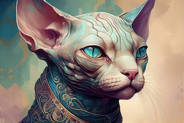 Portrait of a sphynx cat, hairless cat breed, illustration
