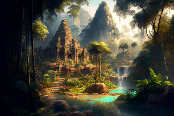 Maya civilization illustration depicting ancient ruins, pyramids, and jungle landscapes with vibrant colors and intricate details