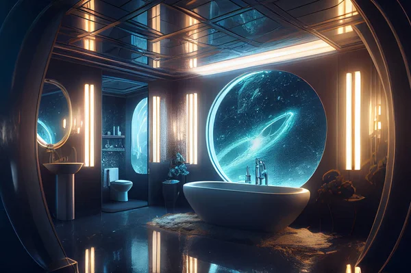 A sleek and modern futuristic bathroom interior with metallic accents, clean lines, and high-tech features, illustration