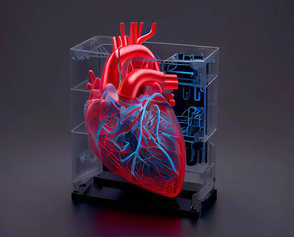 Human heart model printed on a 3D printer, showcasing the intricate details and complexity of the human heart, illustration.