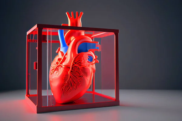Human heart model printed on a 3D printer, showcasing the intricate details and complexity of the human heart, illustration.