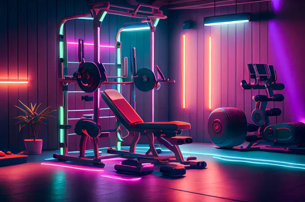 Moderne Fitnessruimte Met Neon Verlichting Illustratie — Stockfoto