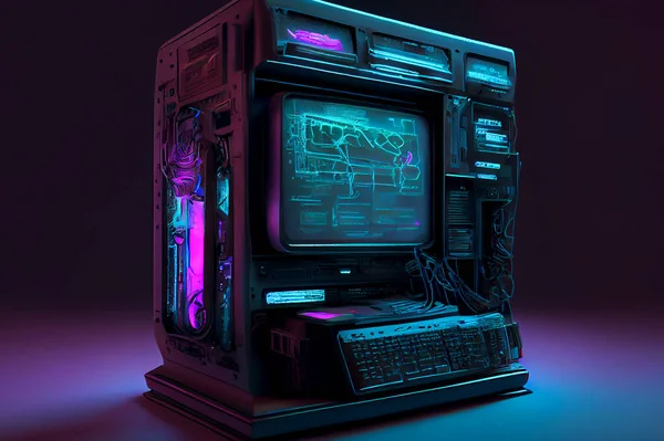 A neon-lit, cyberpunk-themed computer terminal, illustration