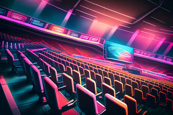 A neon-lit sports arena or stadium with glowing seats and bright, colorful scoreboards, illustration