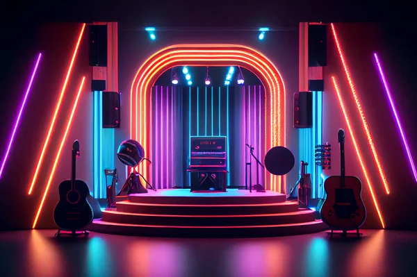 A neon-lit stage set for a music or performance event, illustration