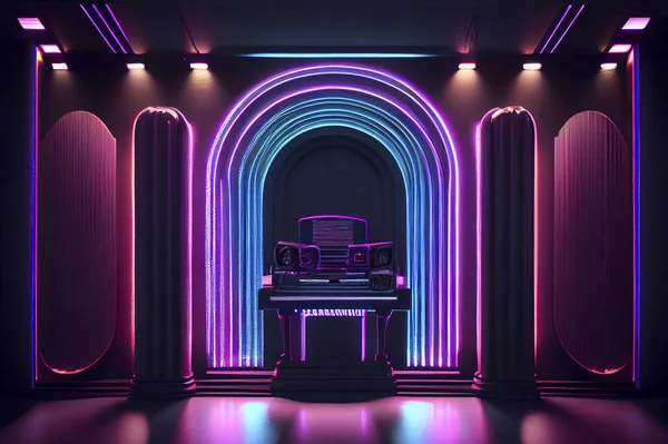 A neon-lit stage set for a music or performance event, illustration