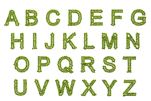 白を基調とした新鮮な緑のリンゴで作られた英語のアルファベット 3Dイラスト — ストック写真