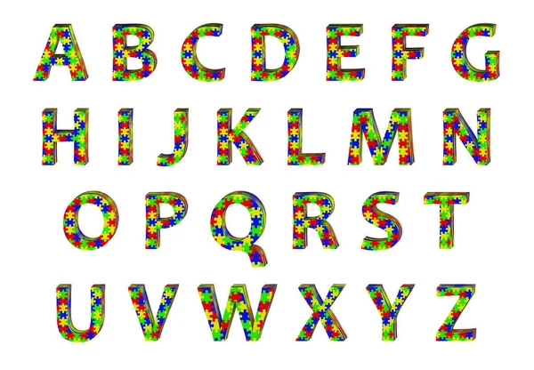 ジグソーパズルの模様のテクスチャを持つ個々の文字で構成された英語の3Dアルファベットは ユニークで遊び心のあるデザイン 3Dイラストを作成します — ストック写真