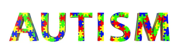 stock image The text Autism made entirely of colorful puzzle patterns, representing the complexity and diversity of the autism spectrum, isolated on white background, 3D illustration