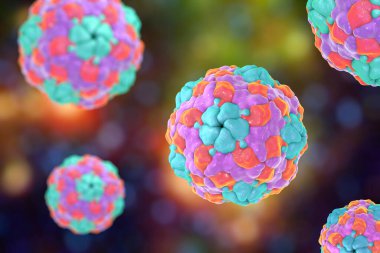 Renkli arka planda insan parechovirüsü, 3 boyutlu illüstrasyon. Parekovirüsler solunum ve gastrointestinal enfeksiyonlara neden olur, bunlar beyin hasarı ve yenidoğan bebeklerdeki gelişimsel bozukluklarla ilişkilidir.