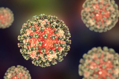 Parainfluenza virüsü, 3 boyutlu illüstrasyon. Genel soğuk algınlığı virüsü. Paramyxovirüs. Görüntü, parainfluenza virüsünün yüzey glikoprotein artışlı yapısını gösteriyor.