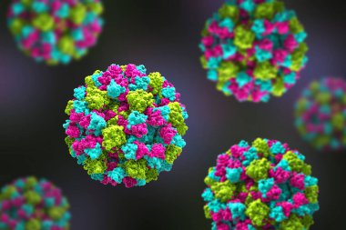 Norovirüs, kış kusma böceği, Caliciviridae familyasından RNA virüsü, ishal, kusma ve mide ağrısıyla karakterize edilen mide iltihabı. 3B illüstrasyon