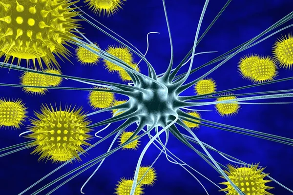 Viral encephalitis, brain cell infected by viruses, 3D illustration