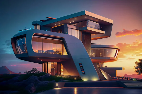 Conceptual futuristic house of the future, illustration. Environmental and ultralight materials with comfortable and simple interior design