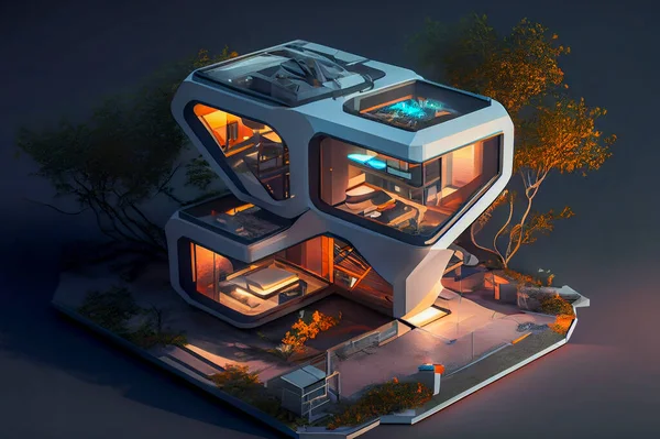 Conceptual futuristic house of the future, illustration. Environmental and ultralight materials with comfortable and simple interior design