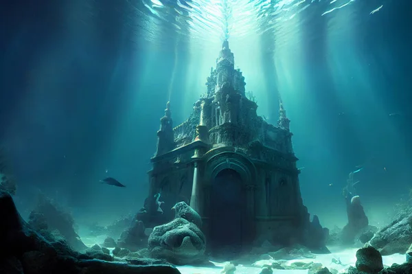 Mythical underwater city Atlantis, illustration depicting a lost civilization's remnants amidst marine life and coral reefs