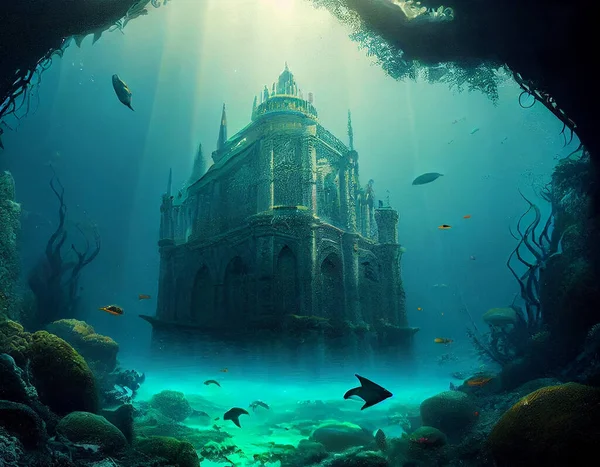 Mythical underwater city Atlantis, illustration depicting a lost civilization's remnants amidst marine life and coral reefs