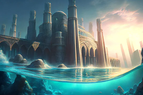 Mythical underwater city Atlantis, illustration depicting a lost civilization\'s remnants amidst marine life and coral reefs