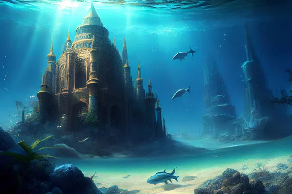 Mythical underwater city Atlantis, illustration depicting a lost civilization\'s remnants amidst marine life and coral reefs