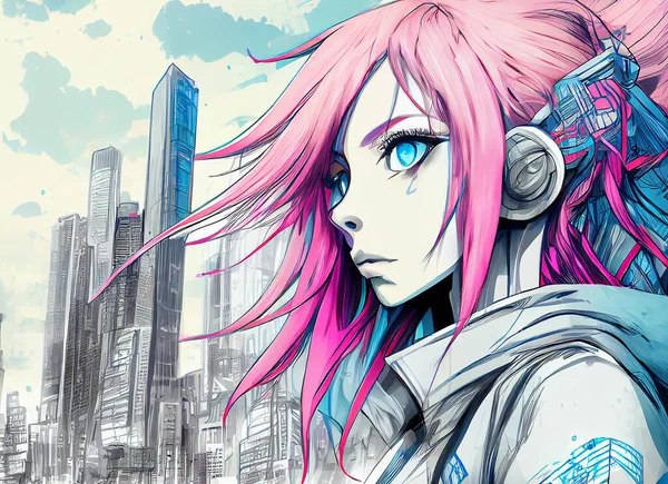 Anime girl with pink long hair standing in front of a city with skyscrapers, generative ai illustration. The colors are soft and dreamy, creating a sense of nostalgia and wonder.