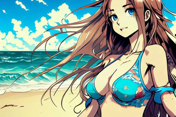 An anime girl with long blue hair, set against a sunny beach with sea waves, generative ai illustration. The portrait captures the girl\'s serene and dreamy expression