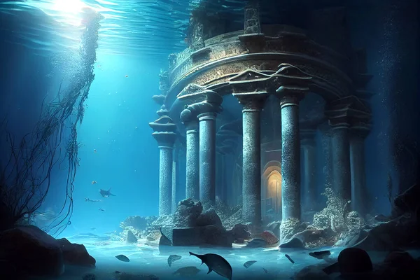 Mythical underwater city Atlantis, photorealistic generative ai illustration. Depicting a lost civilization's remnants amidst marine life and coral reefs