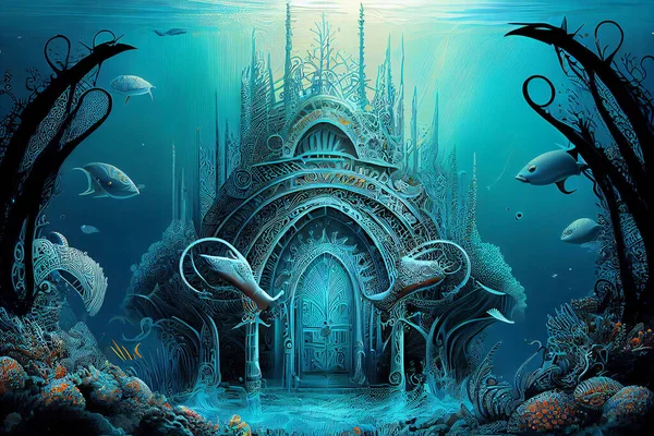 Mythical underwater city Atlantis, photorealistic generative ai illustration. Depicting a lost civilization's remnants amidst marine life and coral reefs