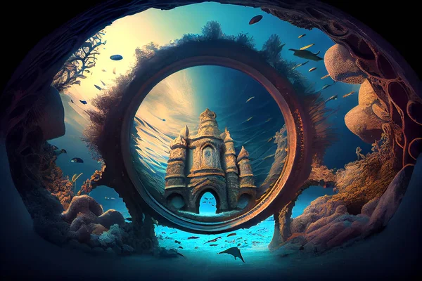 Mythical underwater city Atlantis, photorealistic generative ai illustration. Depicting a lost civilization\'s remnants amidst marine life and coral reefs