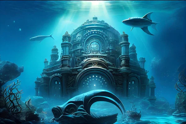 Mythical underwater city Atlantis, photorealistic generative ai illustration. Depicting a lost civilization\'s remnants amidst marine life and coral reefs
