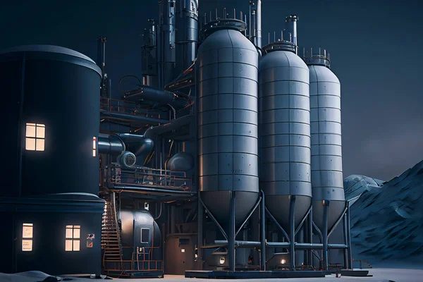 A futuristic factory designed for beer production, ai illustration. The facility boasts sleek, modern architecture and state-of-the-art equipment that ensures high-quality, efficient brewing.