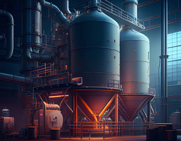 A futuristic factory designed for beer production, ai illustration. The facility boasts sleek, modern architecture and state-of-the-art equipment that ensures high-quality, efficient brewing.