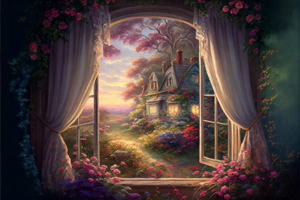A view from a window with curtains, overlooking a small garden, digital illustration. The soft hues and intricate details create a peaceful atmosphere