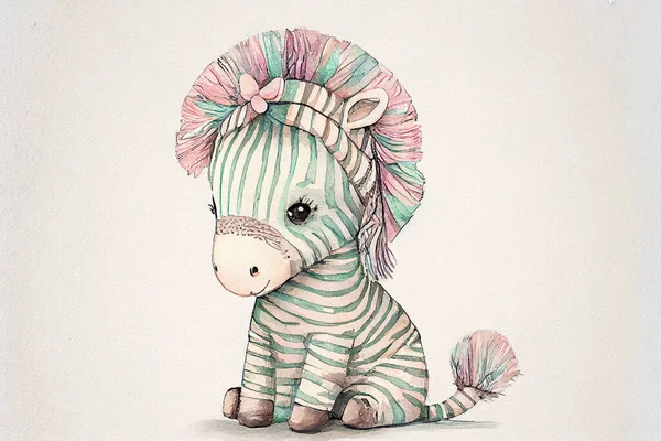 A cute zebra with pastel colors and kawaii style, featuring a sweet expression and a fluffy mane, digital illustration in watercolor style