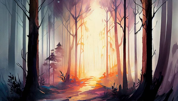 A serene digital illustration of a misty forest with rays of sunlight filtering through the trees, creating a magical atmosphere